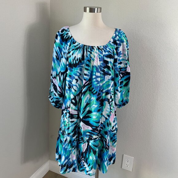 Tommy Bahama Womens XL Blue Green A Line Crinkled Dress Flowy Lightweight - Picture 2 of 11